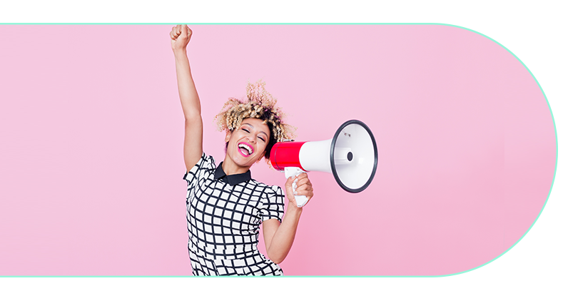 Woman celebrating with megaphone representing Connect Incentive for teams